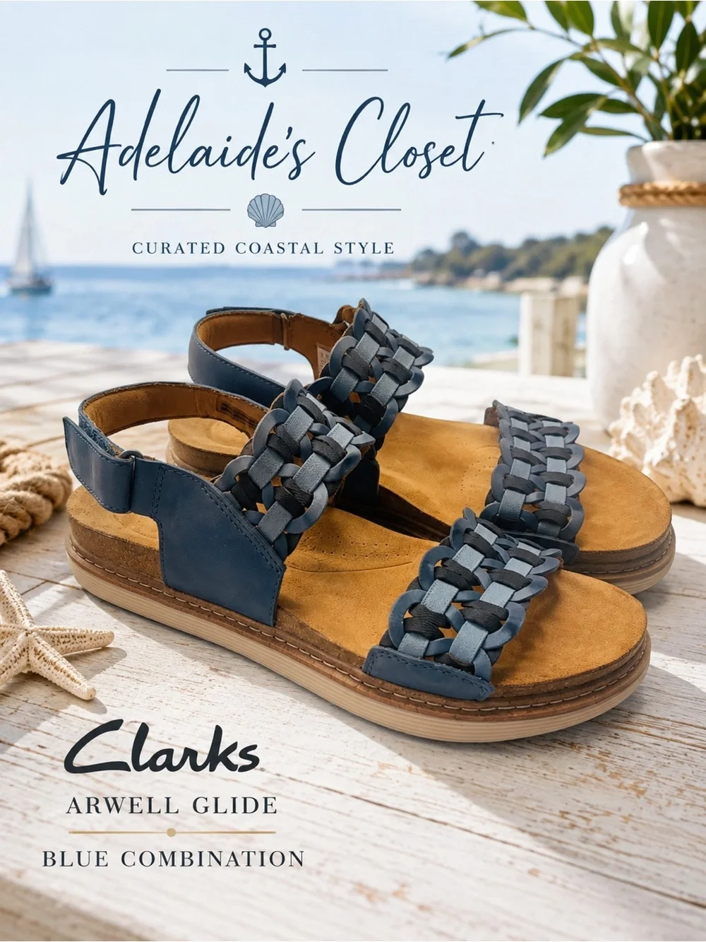Clarks Arwell Glide Blue Woven Leather Comfort Sandals Size 9.5 Women’s Meduim